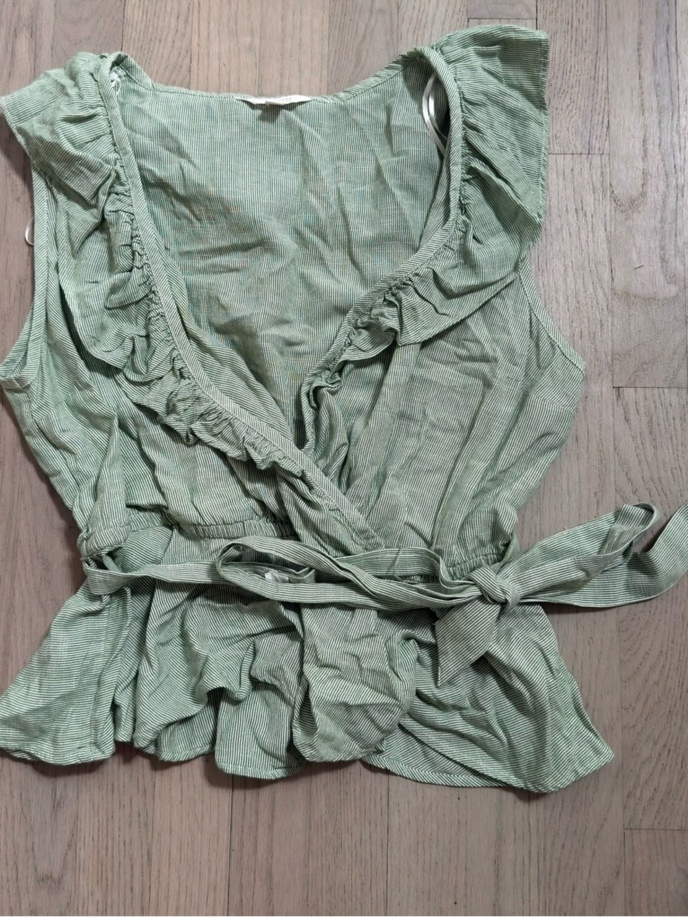 LC Lauren Conrad Women's Sage Green Ruffle Wrap Top - Sleeveless Belted Blouse L